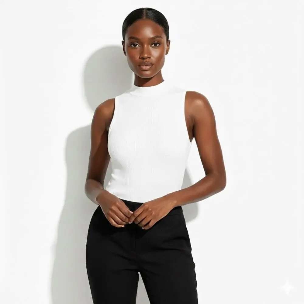 NWT Bozollo Ribbed Mock Neck Sleeveless Bodysuit White Minimalist Chic Size M